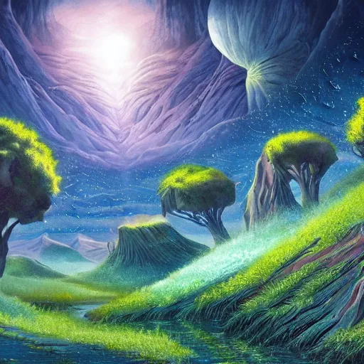 Image similar to large landscapes from another world, beautiful depiction, very detailed and weird fauna, enhance lighting