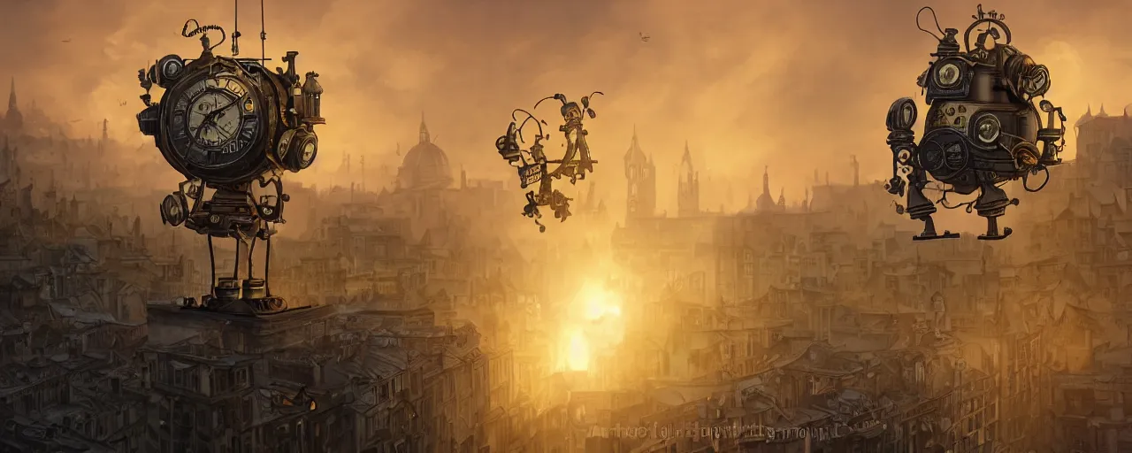 Prompt: a small cute steampunk robot standing on top of a building ledge overlooking a large renaissance steampunk city with a big midground building with a large steampunk clock on the right side, tiny smokes from buildings, some glints and specs, tiny glowing butterflies flying, very backlit, colorful sunset, by Eddie Mendoza, raphael lacoste, Andree Wallin, cinematic lighting, 8k, very detailed, ornate, beautiful composition,