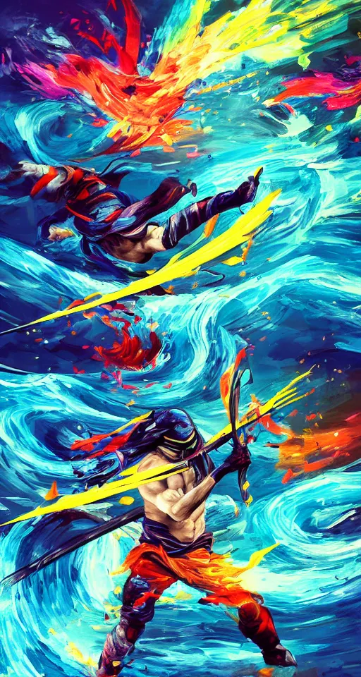 Prompt: colorful beautiful abstract scene, ninja with katana of water wave, full body, water fists of fury, jumping leaping heroic attack, action scene, ultra detailed