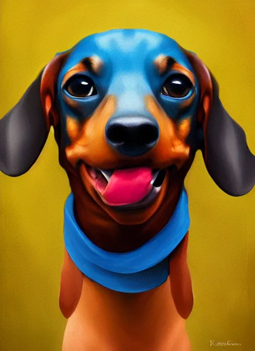 Prompt: a painting of a dachshund facewith its tounge sticking out, with blue and yellow smoke coming out of, a digital painting by petros afshar, behance contest winner, digital art, behance hd, digital illustration, digital painting