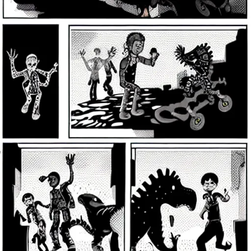 Prompt: intricate detailed comic style illustration of cyborg punk street kids with a pet dinosaur in a warehouse rave, no speech bubbles, dystopian, cyberpunk