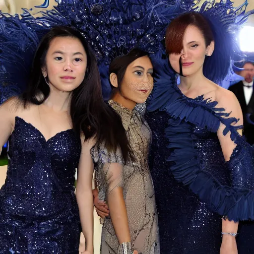 Prompt: An orangutan wearing navy designer dress and sapphires attending the Met Gala, hyperdetailed, photorealistic, high fashion