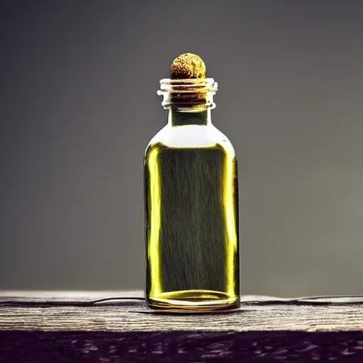 Image similar to life in a bottle, eerie and fantastic, digital art, 8 k, on a wooden table, unique source of light