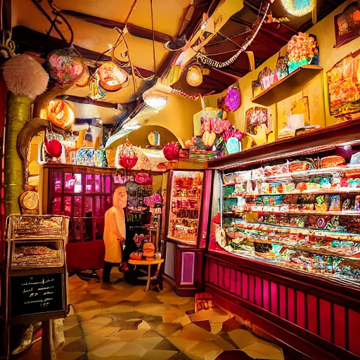 Prompt: Inside a magical old fashioned sweet shop, fantasy vendor interior, wide angle, cinematic shot, highly detailed, cinematic lighting , photo-realistic