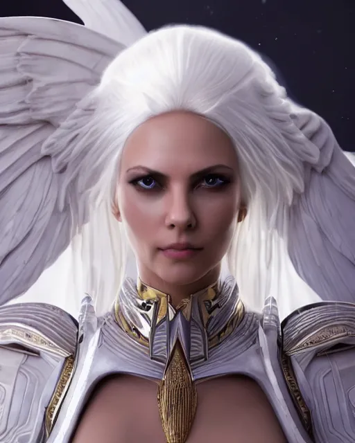 Image similar to perfect white haired egyptian goddess wearing white dove wings, warframe armor, regal, attractive, ornate, sultry, beautiful, charlize theron, half asian, pretty face, blue eyes, detailed, scifi platform, 4 k, ultra realistic, epic lighting, cinematic, masterpiece, art by akihito tsukushi, voidstar, trending on artstation