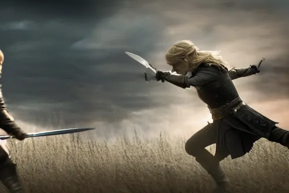 Image similar to very very intricate photorealistic photo of jaime lannister fighting cersei, photo is in focus with detailed atmospheric lighting, award - winning details