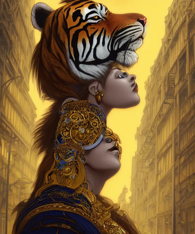 Image similar to anthropomorphic Tiger female, indian origin, fantasy, bright blue eyes, face, black and yellow hair, fantasy, LSD Dream Emulator, intricate, elegant, new york alleyway, moonlit, highly detailed, digital painting, artstation, concept art, smooth, sharp focus, illustration, art by artgerm and greg rutkowski and alphonse mucha