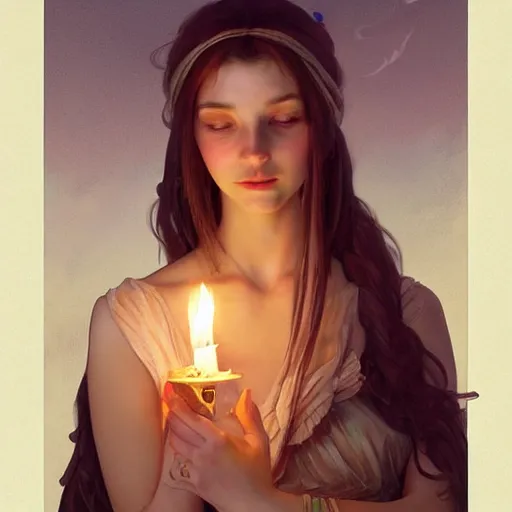 Image similar to girl in love, candle light, highly detailed, digital painting, cgsociety , concept art, sharp focus, illustration, art by artgerm and greg rutkowski and alphonse mucha