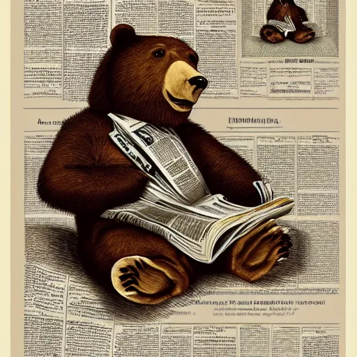 Image similar to a bear wearing a paisley shirt reading newspapers, highly detailed, portrait painting, illustration by scott gustafson and art station