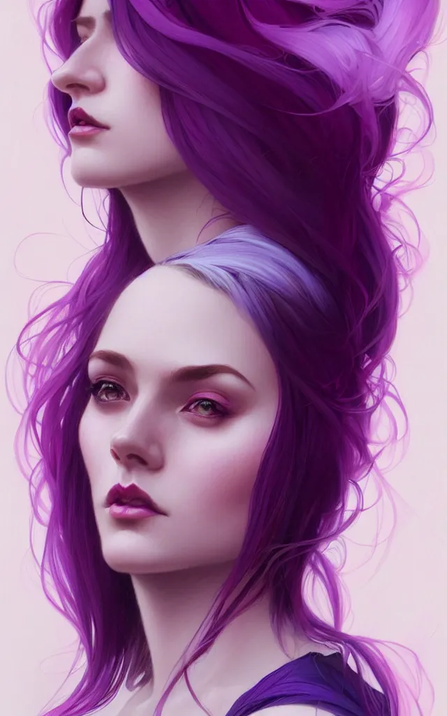 Image similar to Purple hair, creative colouring Portrait of woman face profile, fashion, coloured strands of hair, intricate, elegant, highly detailed, digital painting, artstation, concept art, smooth, sharp focus, illustration, art by artgerm and greg rutkowski and alphonse mucha, 8k