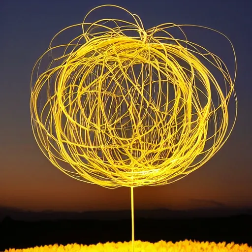 Prompt: a gigantic glowing golden wire sculpture of a flower, in a nebulous black sky