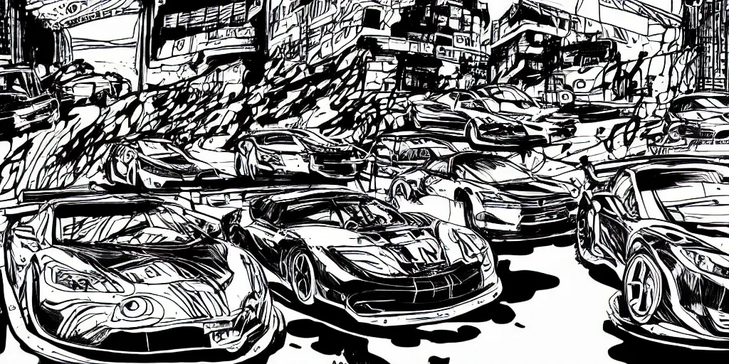 Image similar to ink lineart drawing of a car race, chinese brush pen illustration, cartoon style, anime, deep black tones, coloring book, contour