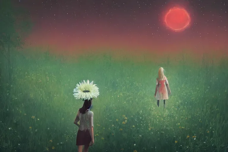 Image similar to giant daisy flower on the head, girl walking in forest, surreal photography, dark night, stars, moon light, impressionist painting, clouds, digital painting, artstation, simon stalenhag