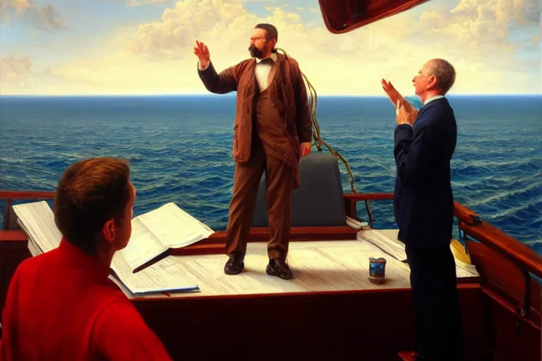 Image similar to ( ( a beautiful 8 k photorealistic masterpiece oil painting ) ( of ( a man lecturing on navigation while the ship is going down ) ) ( hyperrealism ) ( 1 6 k ) ( trending on artstation )