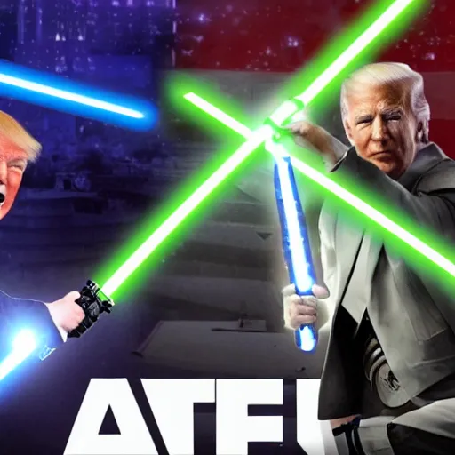 Prompt: an epic lightsaber battle between donald trump and joe biden