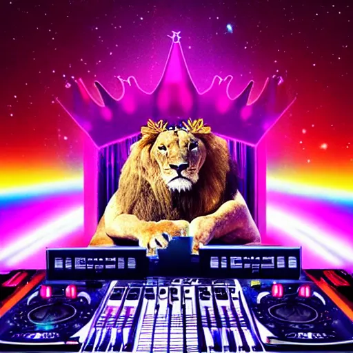 Image similar to Lion with crown in DJ booth in space, synthwave