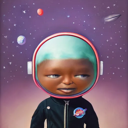 Prompt: wide - angle profile face portrait of a tin toy of a black boy dressed like an astronaut in a cotton candy field, nicoletta ceccoli, mark ryden, lostfish, max fleischer, hyper realistic, artstation, illustration, digital paint, matte paint, vivid colors, bright, cheerful, detailed and intricate environment