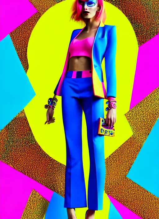 Image similar to bright trouser suit for a rave, bright colors, many details, prints, photo for a magazine, photo for a store, fashion photography, Vogue, 135 mm, cinematic, hyper realism, high detail, 8k, Two models in the frame, dynamic pose,Smooth skin, perfect face