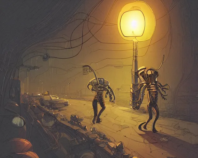 Image similar to a study of cell shaded cartoon of a xenomorph on a country road, street lamps, road, illustration, wide shot, subtle colors, post grunge, concept art by josan gonzales and wlop, by james jean, Victo ngai, David Rubín, Mike Mignola, Laurie Greasley, highly detailed, sharp focus, alien, Trending on Artstation, HQ, deviantart, art by artgem