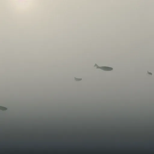 Prompt: hundreds of tiny monster fish with black eyes looking up from the foggy deep water, hyper realistic,
