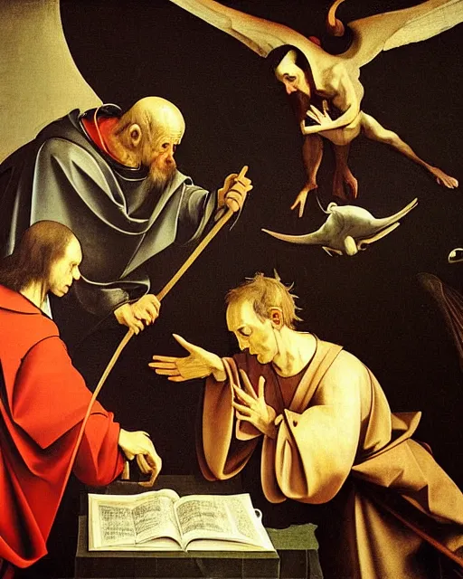 Image similar to The Calling of St. Matthew by Caravaggio painting by Hieronymus Bosch