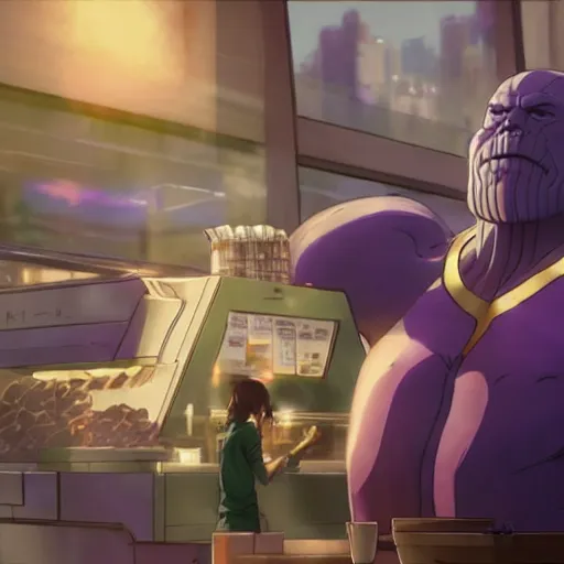 Image similar to thanos working at starbucks by makoto shinkai and ruan jia and studio ghibli