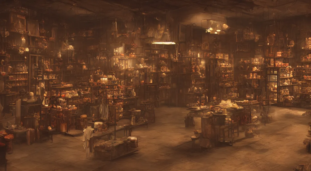 Prompt: A hyper realistic matte painting of interior of a western style shop with shopkeeper, 4k, artstation, cgsociety, cinematic lighting