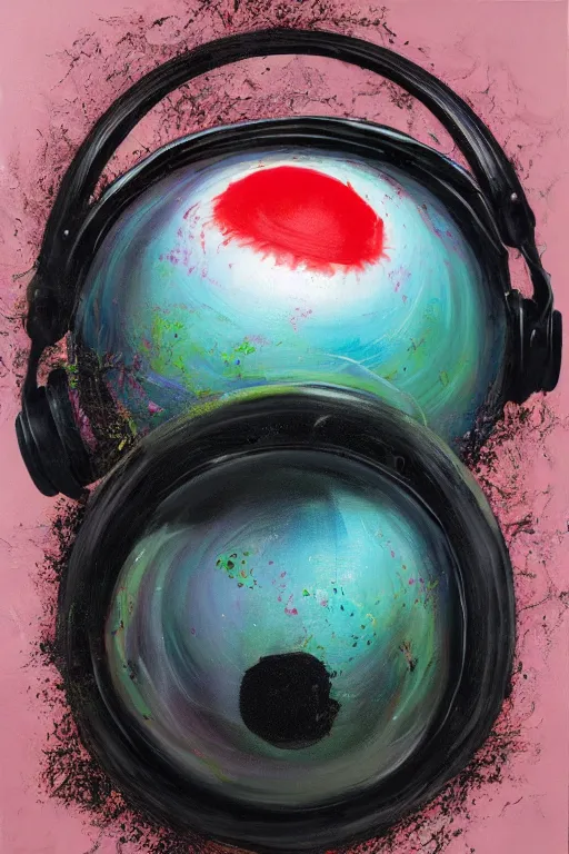 Image similar to hyperrealism surrealism acrylic painting, aerosol splashes on paper, close - up portrait of bowling ball - with big headphones and a mime sweater art by jeff soto