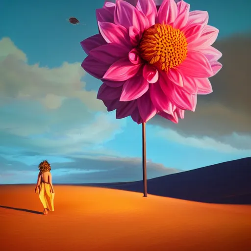 Prompt: closeup, giant dahlia flower as a head, a girl walking between dunes, surreal photography, sunrise, blue sky, dramatic light, impressionist painting, digital painting, artstation, simon stalenhag