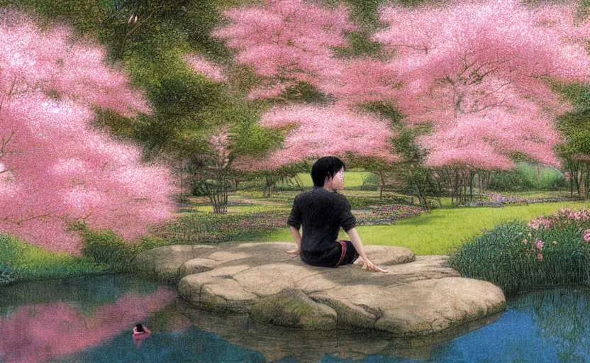 Image similar to pink haired young asian man backlit staring at black haired young asian man from across a pond, by alan lee, muted colors, springtime, colorful flowers & foliage in full bloom, sunlight filtering through trees & skin, digital art, art station cfg _ scale 9