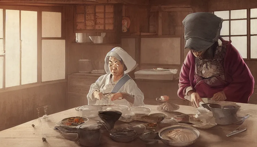Prompt: old japanese lady cooking in old 1 8 0 0's kitchen, hyperdetailed, artstation, cgsociety, 8 k