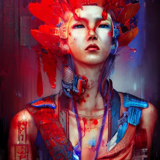 Image similar to cyberpunk geisha warrior by cy Twombly and BASTIEN LECOUFFE DEHARME, iridescent, red and blue, detailed fractal costum, high tech, circuit boards