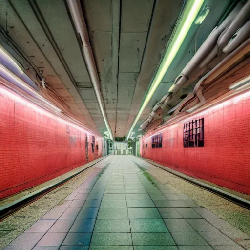 Image similar to futuristic, pastel colors, hd 8 k, abandoned, overgrown, red blue studio lightning, subway station