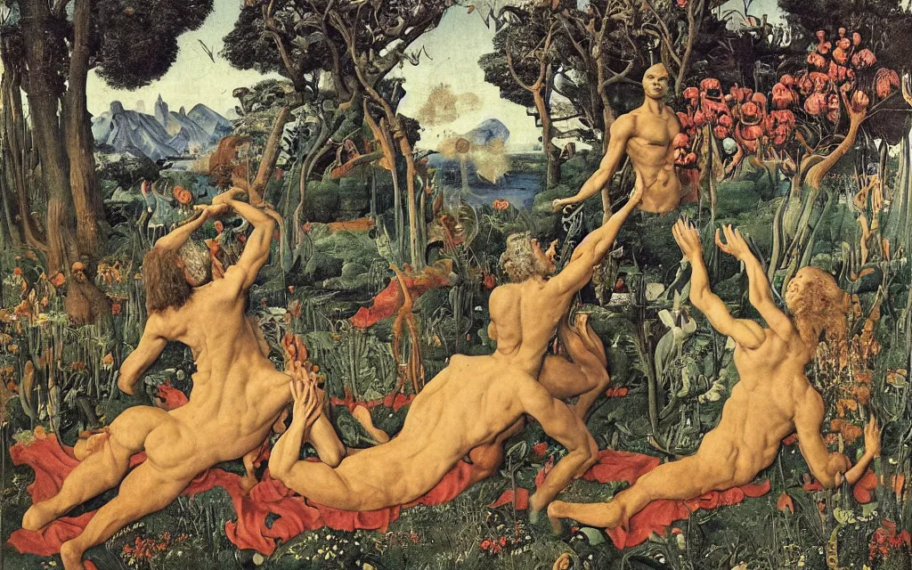 Image similar to a portrait photograph of a meditating satyr and a centaur monk riding a rocket machine and hunting at a river delta. surrounded by bulbous flowers and trees. mountain range under a blue sky of fiery stars. by jan van eyck, max ernst, ernst haeckel, ernst fuchs and artgerm, cgsociety, fashion editorial, 8 k