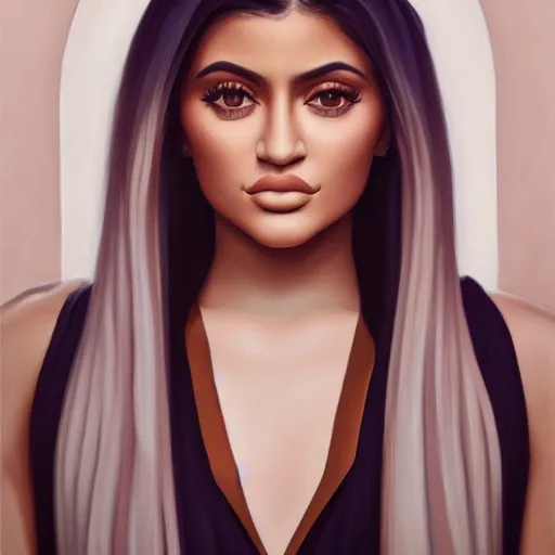 Image similar to a symmetrical portrait of a kylie jenner, oil painting, pale colors, high detail, 8 k, wide angle, trending on artstation,