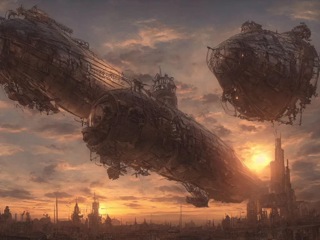 Prompt: a steampunk city, sunset, airship in the sky, clear skies in the distance, hyperreal, artstation