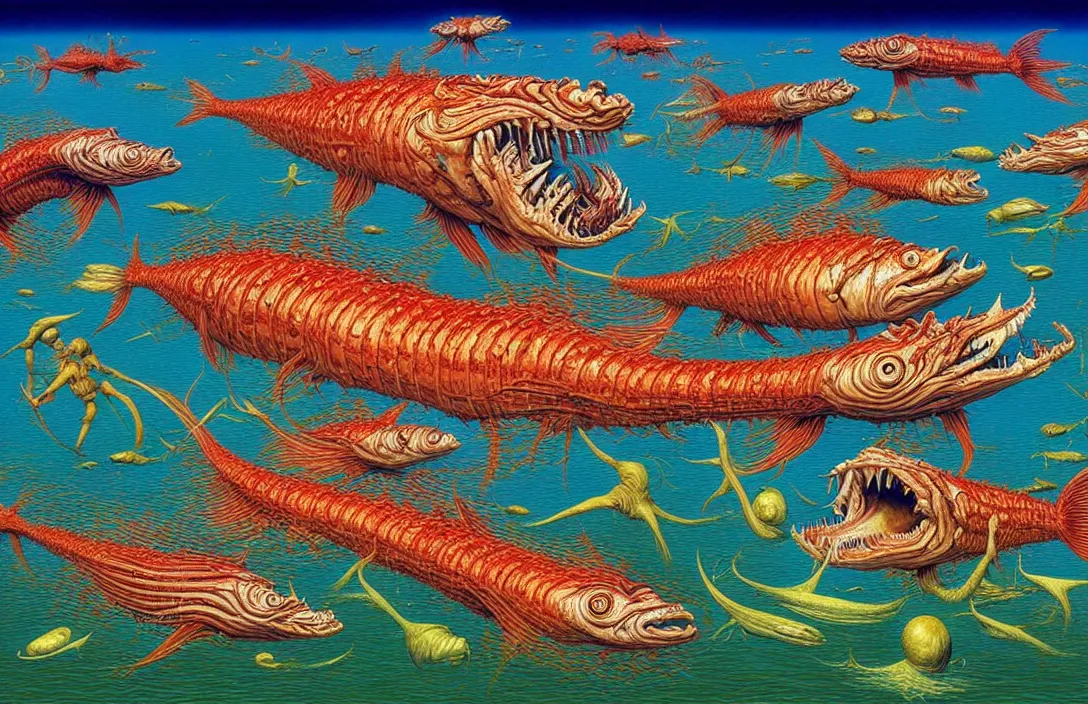 Image similar to a visionary painting of fish eating human beings by junji ito, michael whelan, roger dean, bob eggleton, lisa frank, vladimir kush, kubrick, james gurney, giger