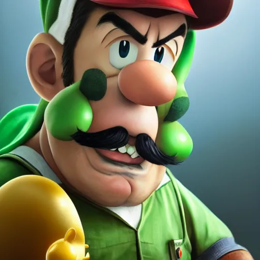 Image similar to hyper realistic, realistic - anime, 4 k, 8 k, pixiv, artstation, portrait, beautifully rendered, luis guzman as luigi wearing green, smirking deviously, nintendo's luigi, luigi's nose, painted by greg rutkowski, wlop, artgerm, dishonored 2,