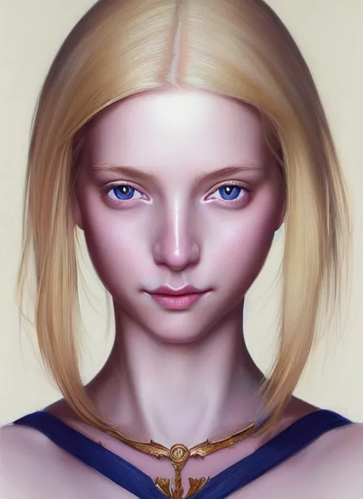 Image similar to beautiful symmetrical face, portrait of young woman blessed with ever - increasing physical and mental perfection, realism, blonde hair, coquettish perfect face!! intricate, elegant, highly detailed, vision of holy perfection!! smile, digital painting, artstation, concept art, smooth, sharp focus, illustration, art by artgerm and greg rutkowski and alphonse mucha