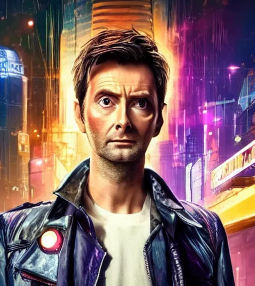 Prompt: David Tennant in the role of Doctor Who from Cyberpunk 2077, amazing short, 8K, IMAX, ultra detailed