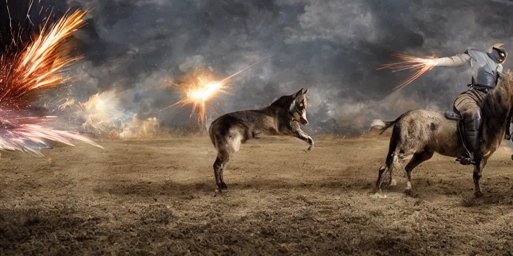 Image similar to cyborg cat, on a horse, an explosion on the background, punished, war, hyperrealistic, sharp focus, award winning photo