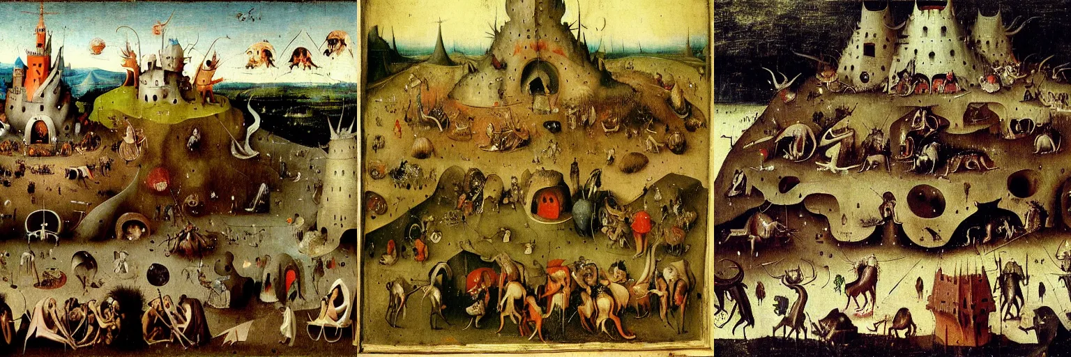 Prompt: A parade of demons feasting on top of a hill, by Hieronymus Bosch