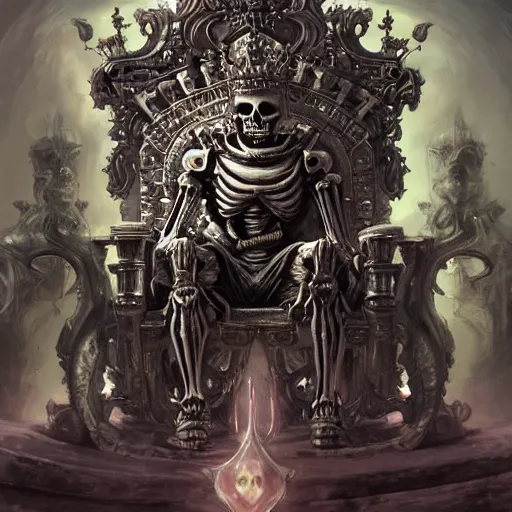 Prompt: high fantasy skeleton king android sitting on a ornate throne in an ornate palace by Stanley Artgerm Lau, frank frazetta, Rossdraws, James Jean, gerald brom, Andrei Riabovitchev, Marc Simonetti, and Sakimichan, trending on artstation, SFW version