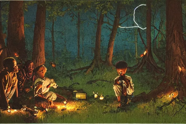 Image similar to a scenic view of a black boy talking to a phatom in the middle of a magical forest with glow-worm lights near a lake, detailed, cinematic, dramatic scene, retro illustration by Norman Rockwell.