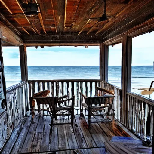 Image similar to seaside wickered furniture, cool morning, open breezeway, blue hour, old weathered wood, solitude and safety forever