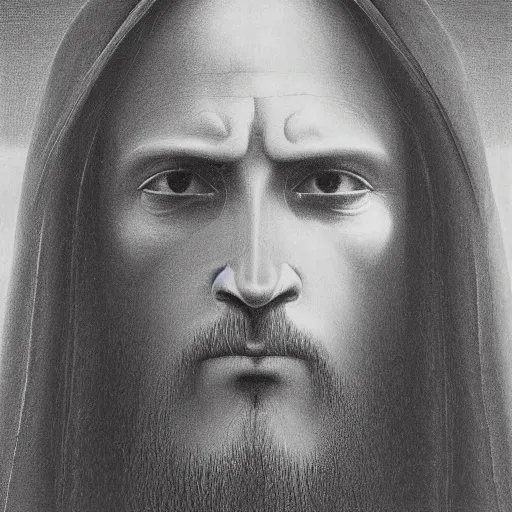 Prompt: masterpiece closeup portrait of Jesus in the style of Zdzislaw Beksinski