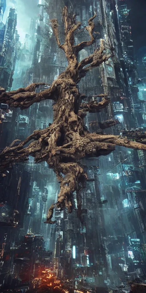 Image similar to an ancient tree destroying a dystopian city, cyberpunk, sharp focus, dynamic lights, still, photograph, hyper realistic, masterpiece, octane render, rendered, 3 d, cinematic, cinematic lighting, dramatic lighting, highly detailed, intricate details, texture, cinematic composition, wide shot, by donglu yu and kevin jick and eddie del rio