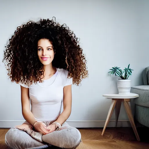 Image similar to a woman with long curly hair sitting in a room