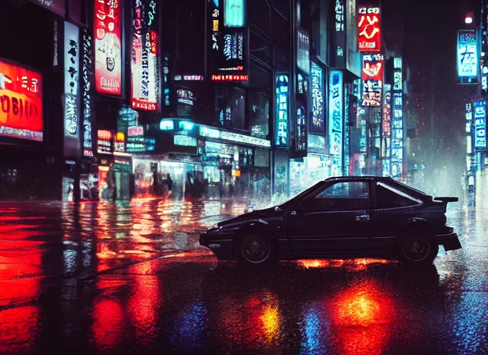 Image similar to close up macro shot of a ae 8 6 car on wet tokyo street at night, intricate, hyper detailed, smooth, high contrast, neon, volumetric lighting, octane, moebius, greg rutkowski, blade runner, ridley scott, cinematic