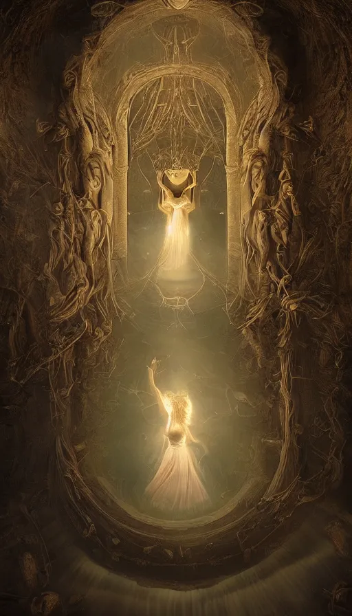 Prompt: goddess of illusion, beautiful, stunning, breathtaking, mirrors, glass, magic circle, magic doorway, fantasy, mist, bioluminescence, hyper - realistic, unreal engine, by rembrandt